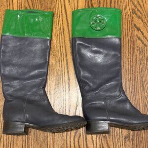 Tory Burch Colorblock Riding Boots – Navy & Green Logo – Leather